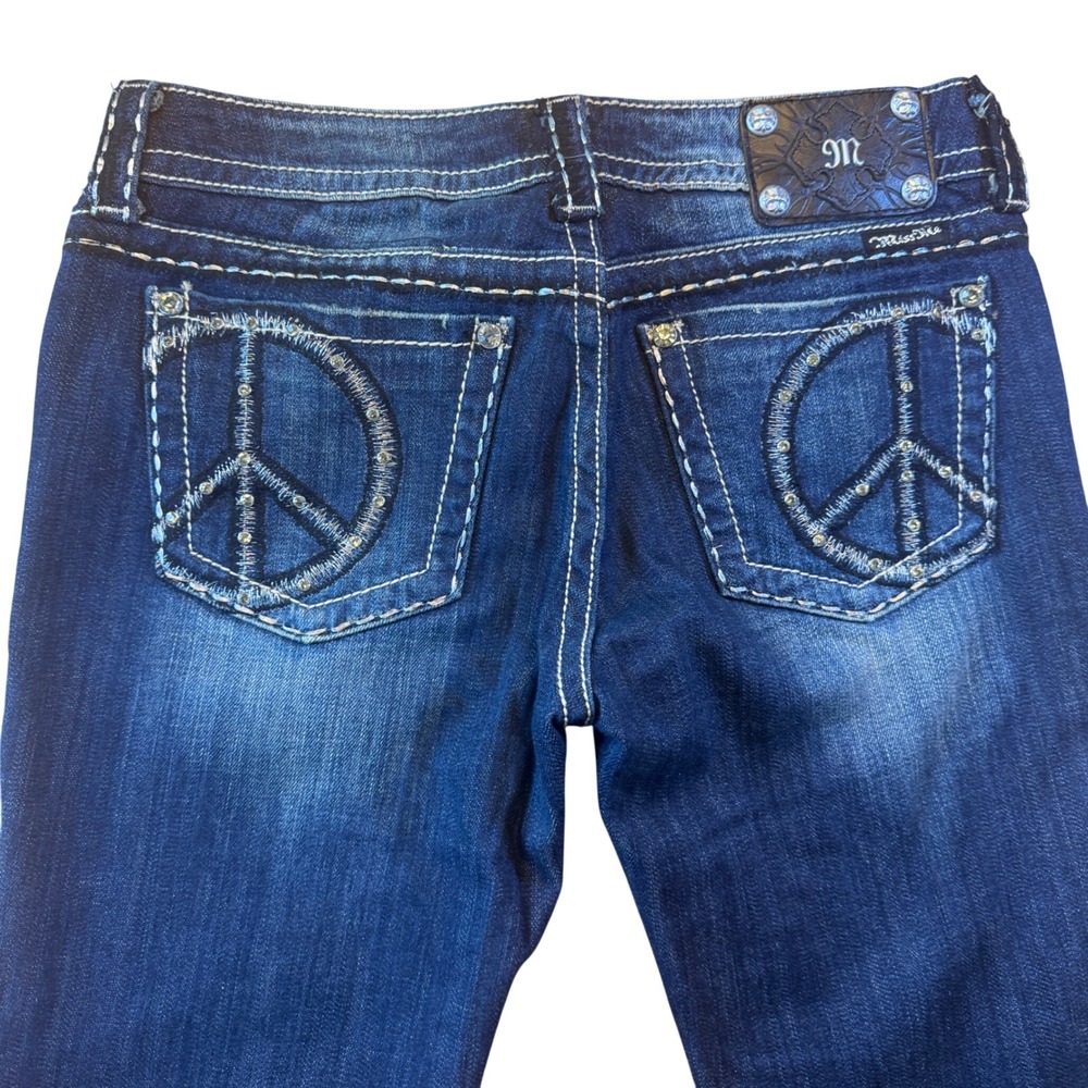 Miss Me Women's Bootcut Jeans Size 29x32 Dark Wash Peace Sign Pocket Low Rise